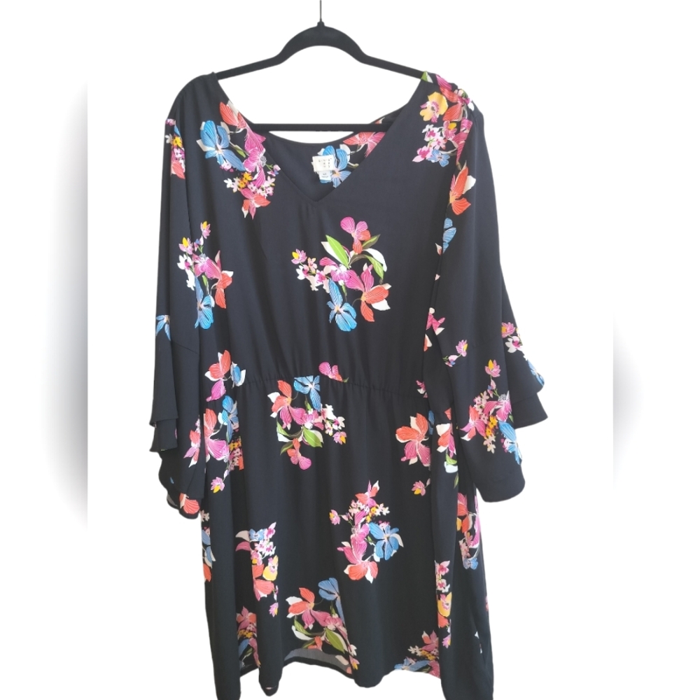A New Day Black Dress with Colorful Floral and Bell Sleeves size 4X